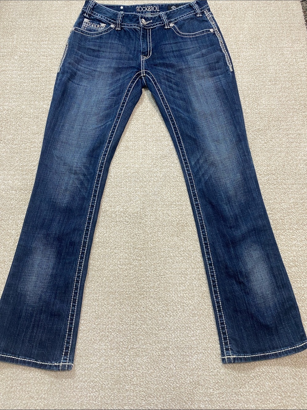 Rock & Roll Denim Women's Dark Blue Flare Jeans Size 32X34 98% Cotton